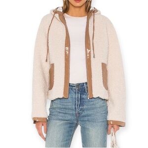 Lovers + Friends Ziggy Hooded Sherpa Jacket Faux patent Leather Trim Size XXS/S